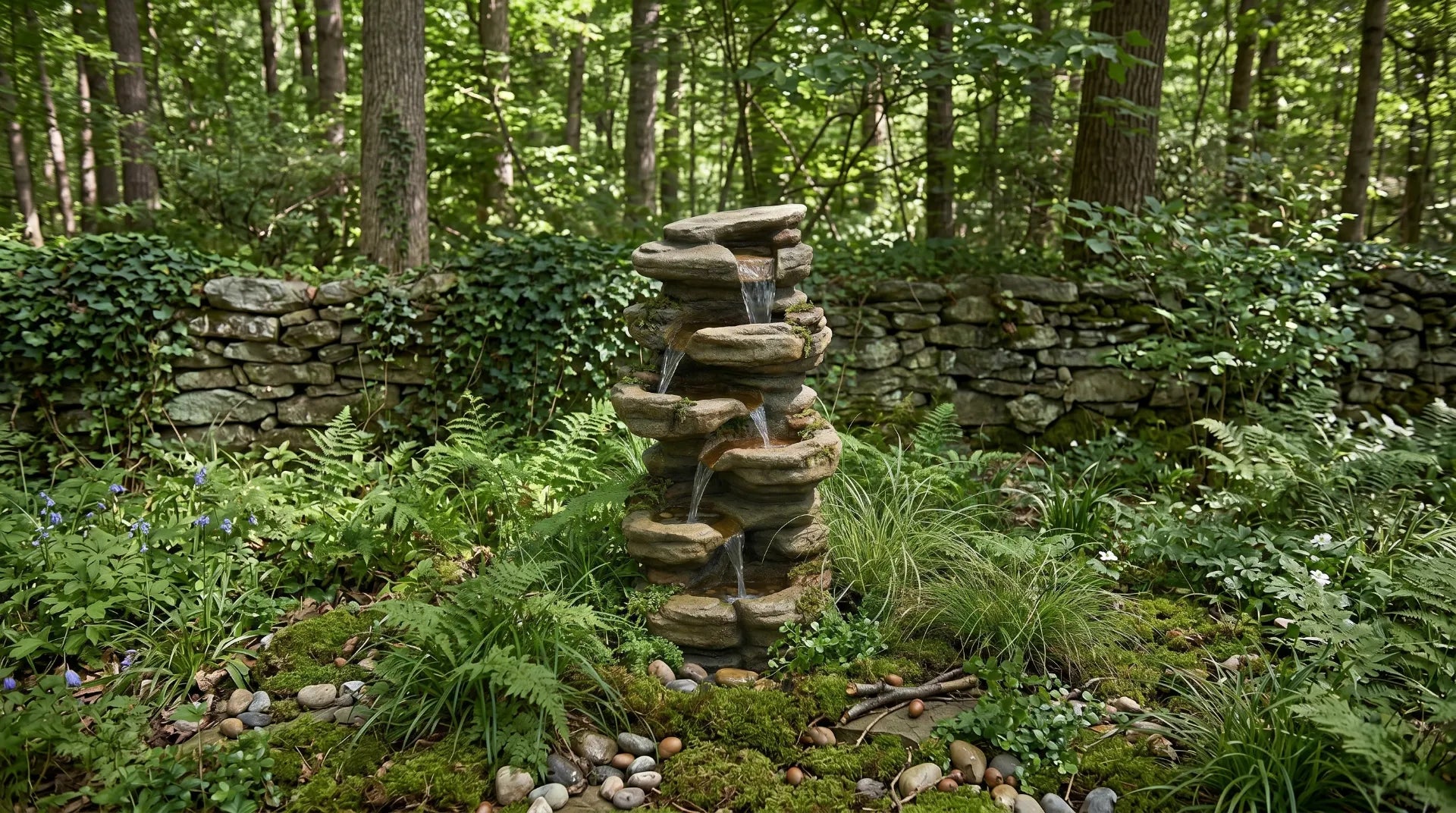 rock waterfall fountain stacked stone faux-stone natural garden ferns woodland