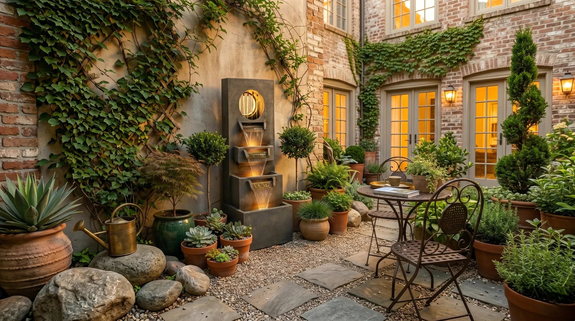 small outdoor fountain townhouse courtyard 30 inch compact tiered against wall