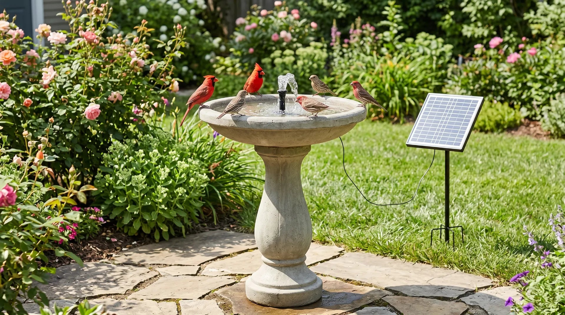 integrated solar bird bath fountain concrete pedestal detached solar panel cardinals finches sunny garden