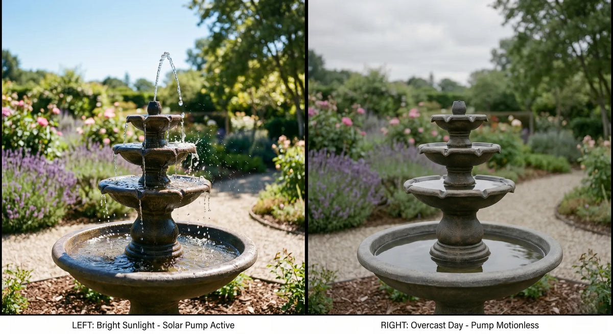 solar water fountain running in sun vs stopped on cloudy day honest comparison