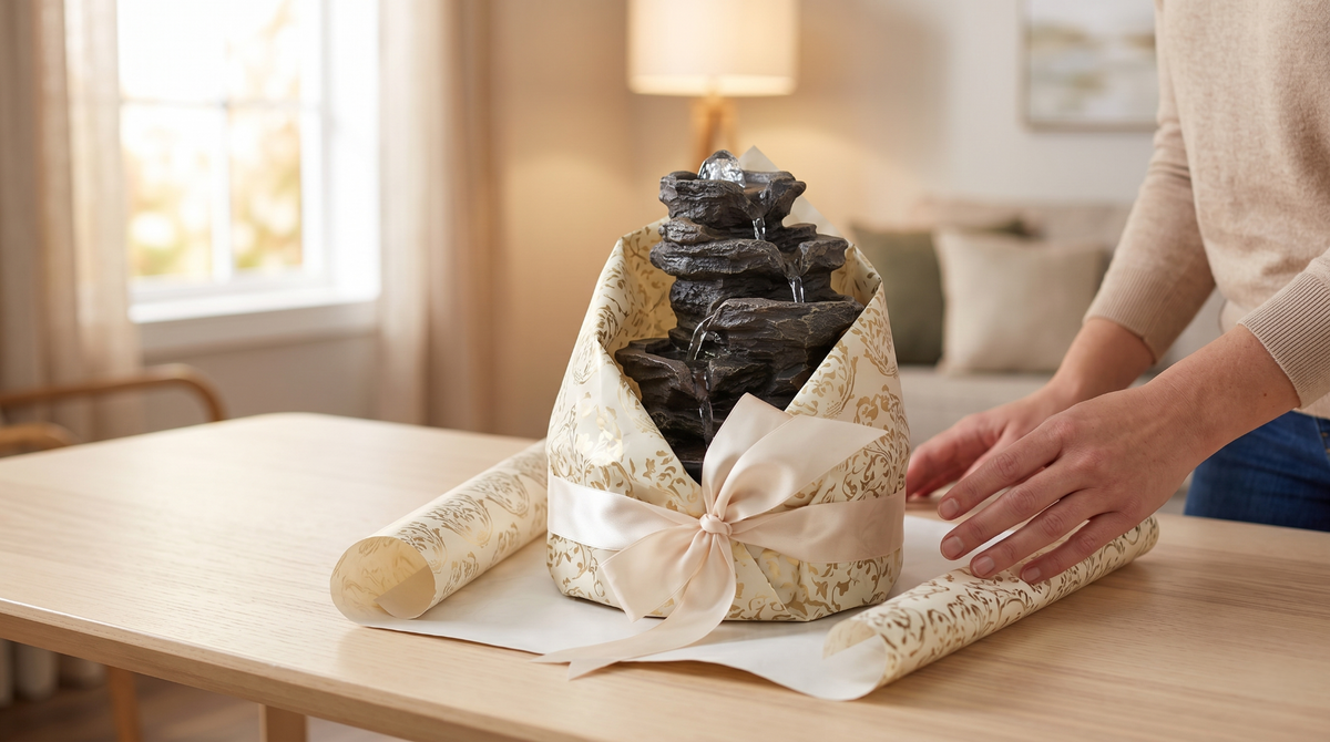 tabletop water fountain gift wrapped ribbon thoughtful present warm light