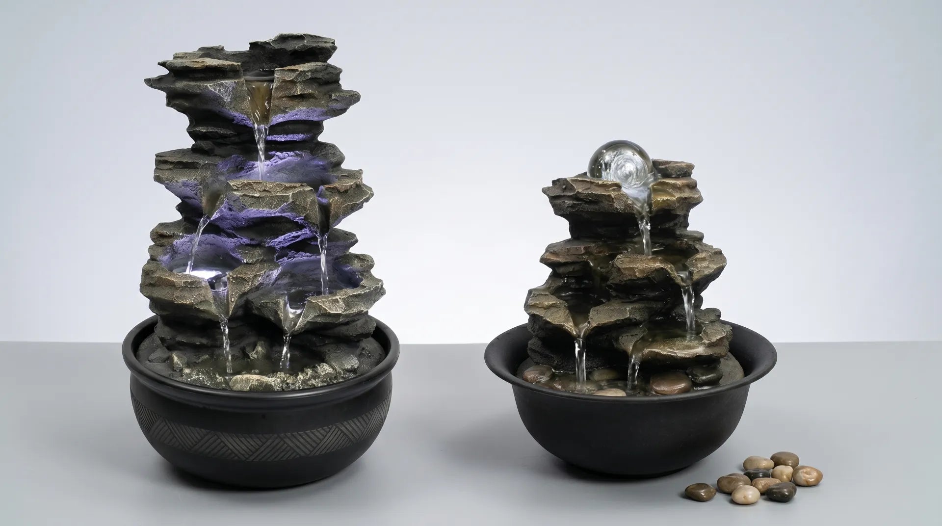 tabletop water fountain statement multi-tier vs compact accent size comparison indoor