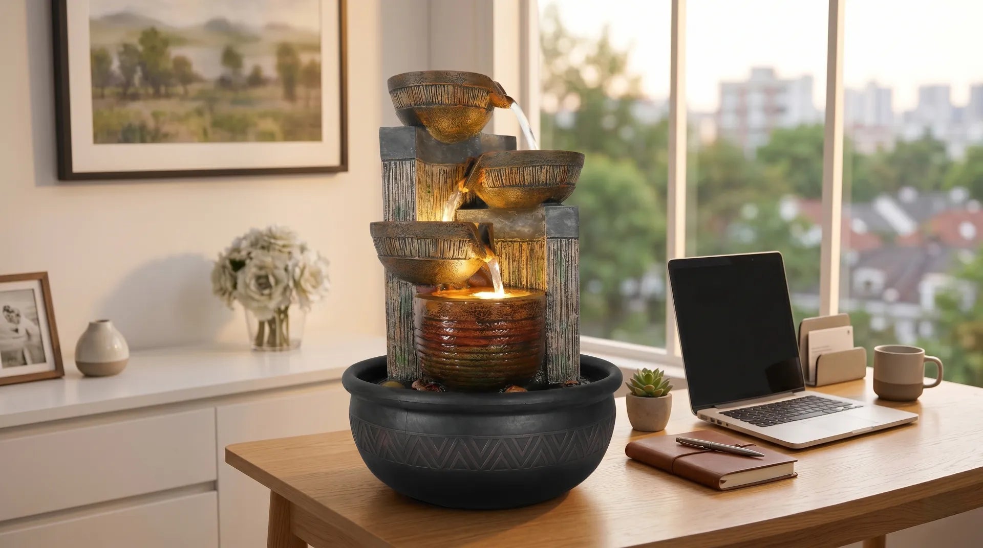 tabletop water fountain resin LED light home office desk warm evening ambiance