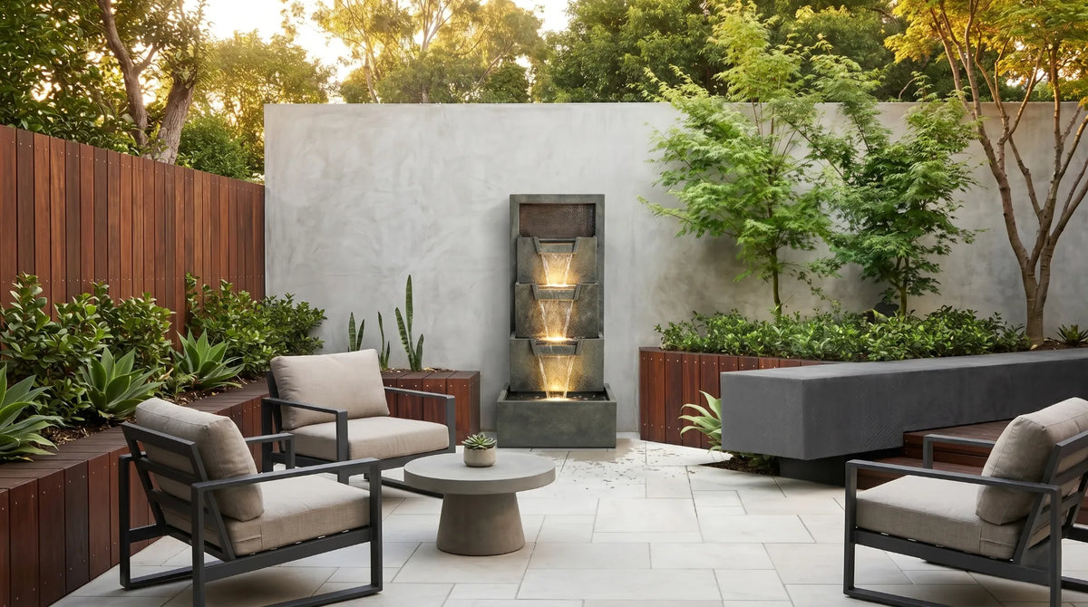 modern wall fountain mounted patio open floor space-saving vertical cascade