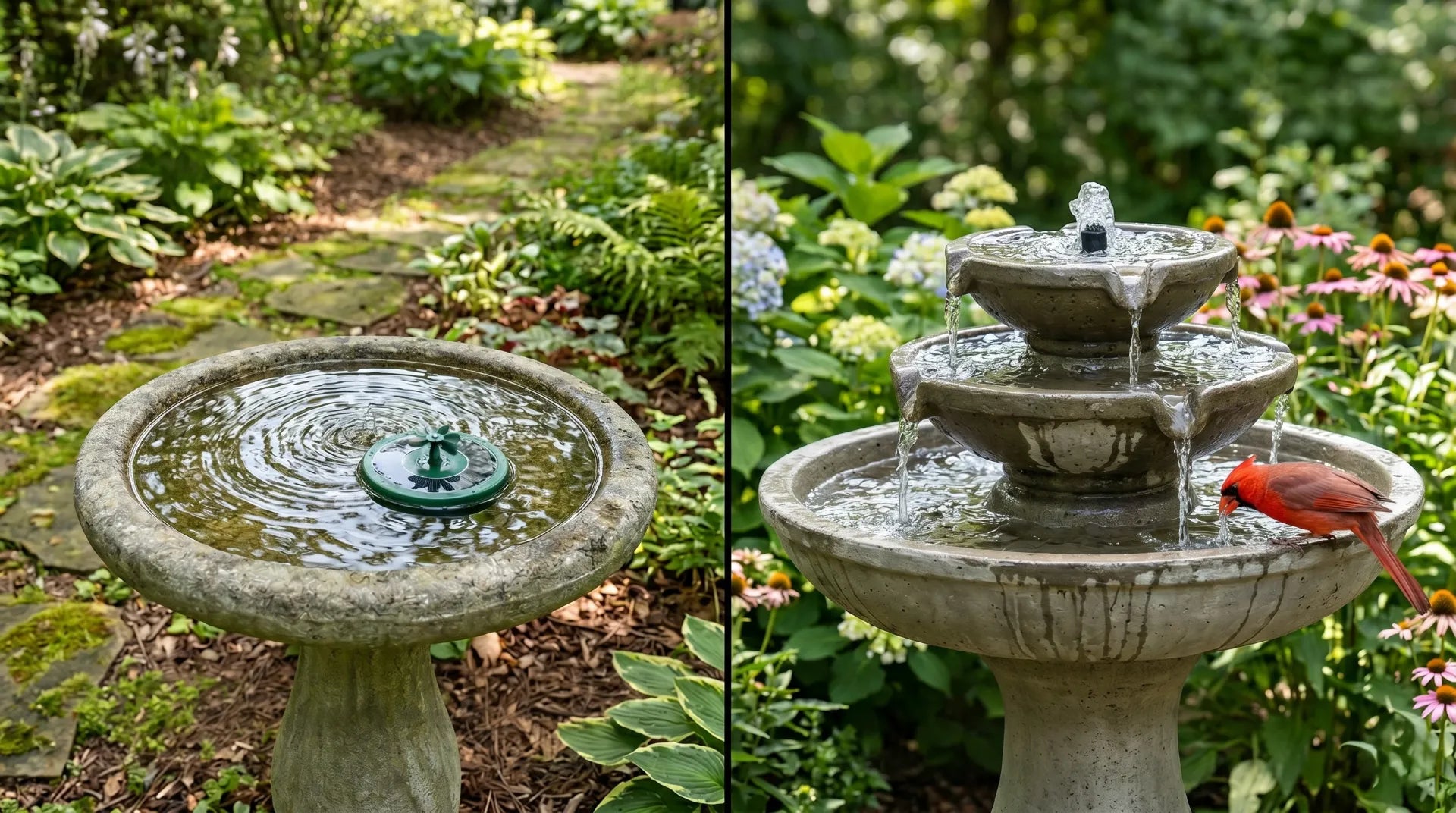 water wiggler vs bird bath fountain side by side comparison cardinal bird visiting fountain