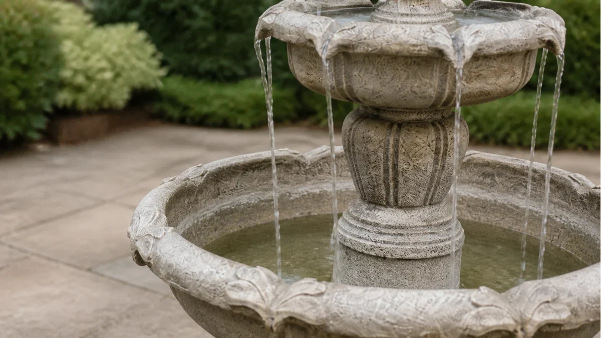 A three tier concrete fountain with a low water level and a dry tide mark ring above it inside the basin