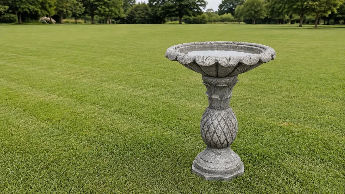 A clean full concrete bird bath alone in open lawn with no birds and cover far in the distance