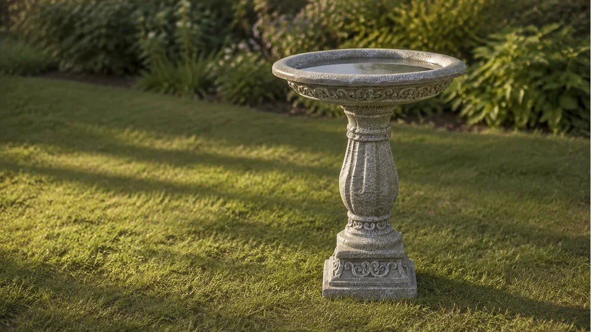 An ornate pedestal bird bath in open lawn with a dense shrub border well back in the distance