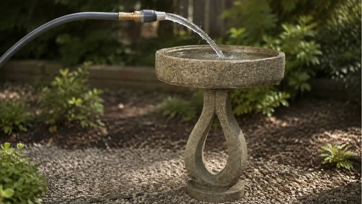A garden hose filling a modern concrete bird bath with clear water arcing into the bowl