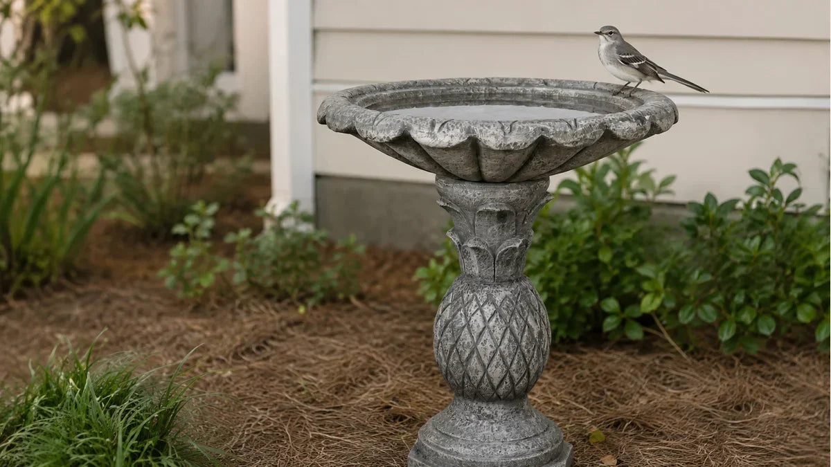 A northern mockingbird on the rim of a concrete bird bath near a house wall looking toward the viewer