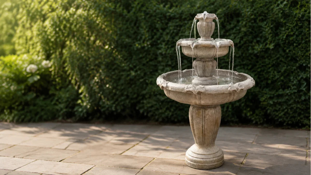 A three tier concrete fountain running with the full rise from bottom basin to top outlet in frame
