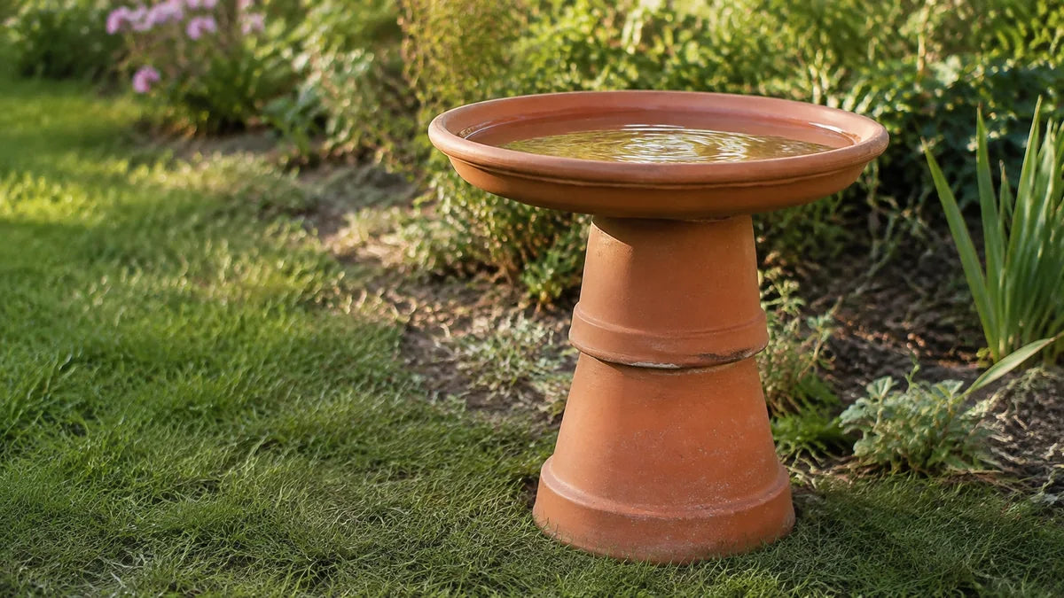 A homemade bird bath made from a terracotta saucer on stacked pots with water in it