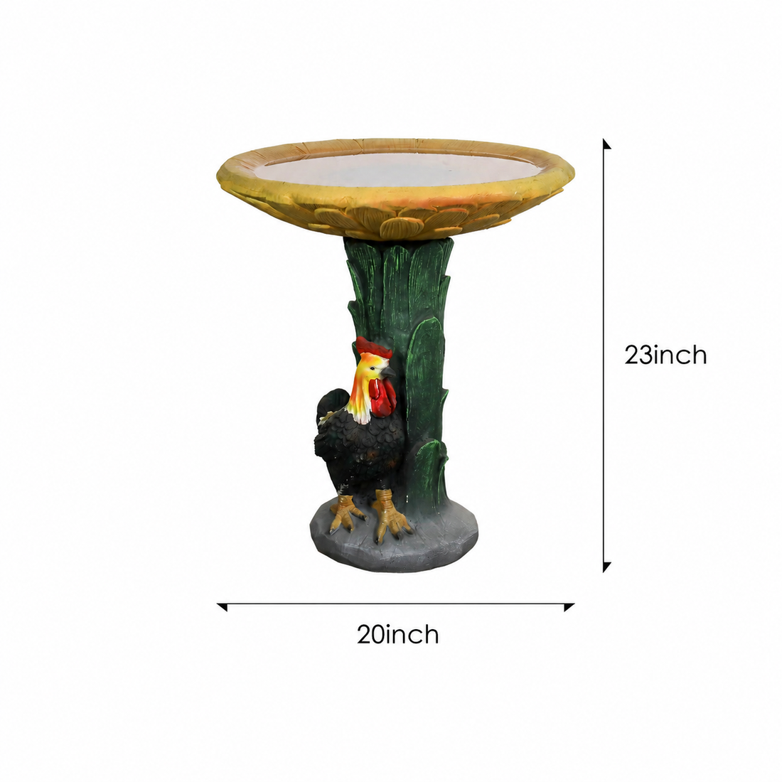 Sunflower and rooster concrete bird bath dimensions: 23 in. overall height and 20 in. overall width