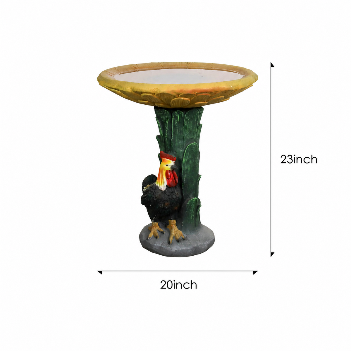 Sunflower and rooster concrete bird bath dimensions: 23 in. overall height and 20 in. overall width
