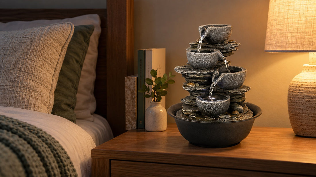 Four grey stone bowls cascading down slate on a bedroom nightstand beside books and a lit lamp