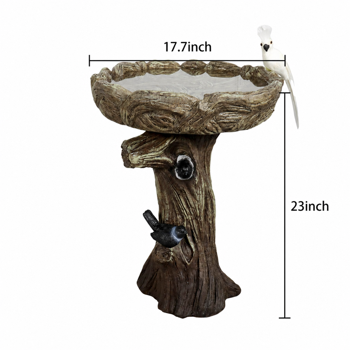 Log-knot concrete bird bath dimensions: 23 in. overall height and 17.7 in. basin outer width