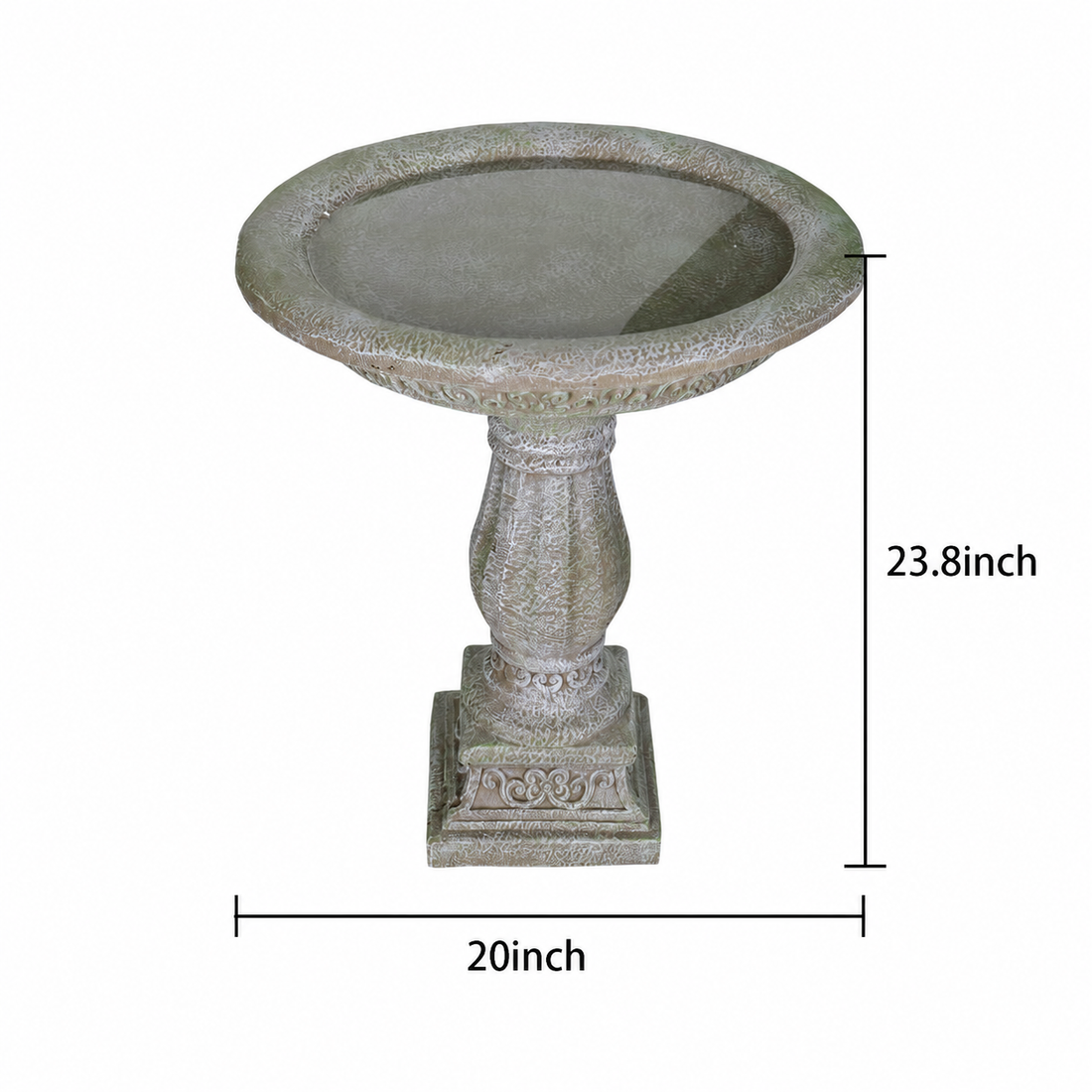 Ornate concrete pedestal bird bath dimensions: 23.8 in. overall height and 20 in. basin outer width