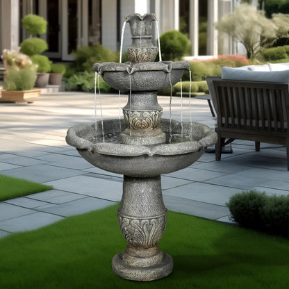 Concrete Carved 2 Tier Outdoor Water Fountain 48 Inch LED lit at night