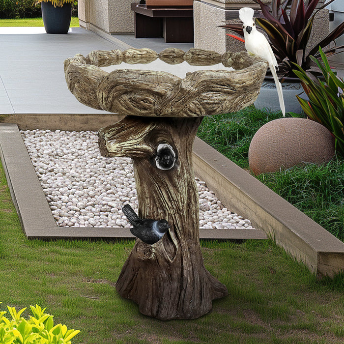 23 in. tall concrete still-water bird bath in a lush green garden