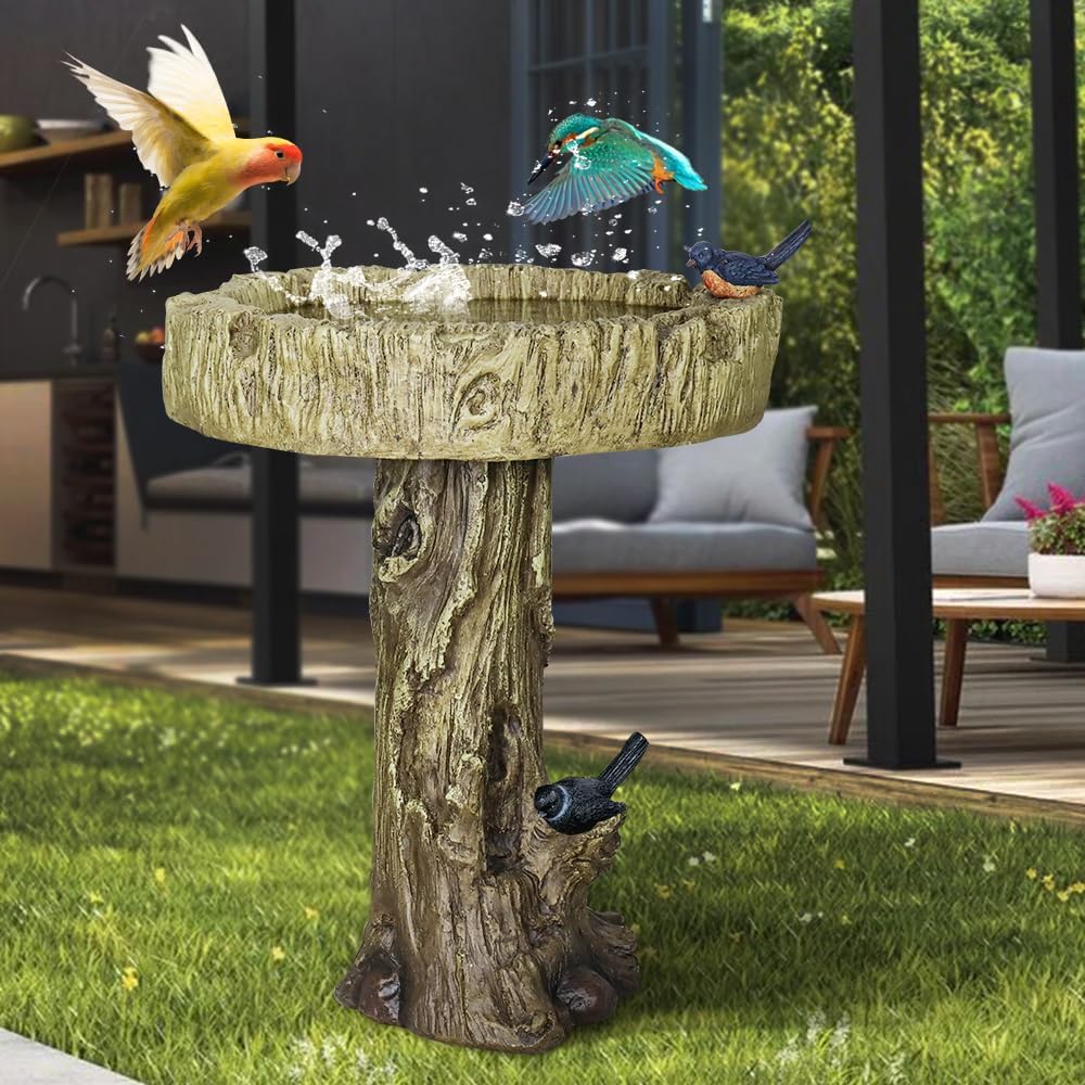24.4" tall lifelike tree trunk birdbath in a woodland themed garden