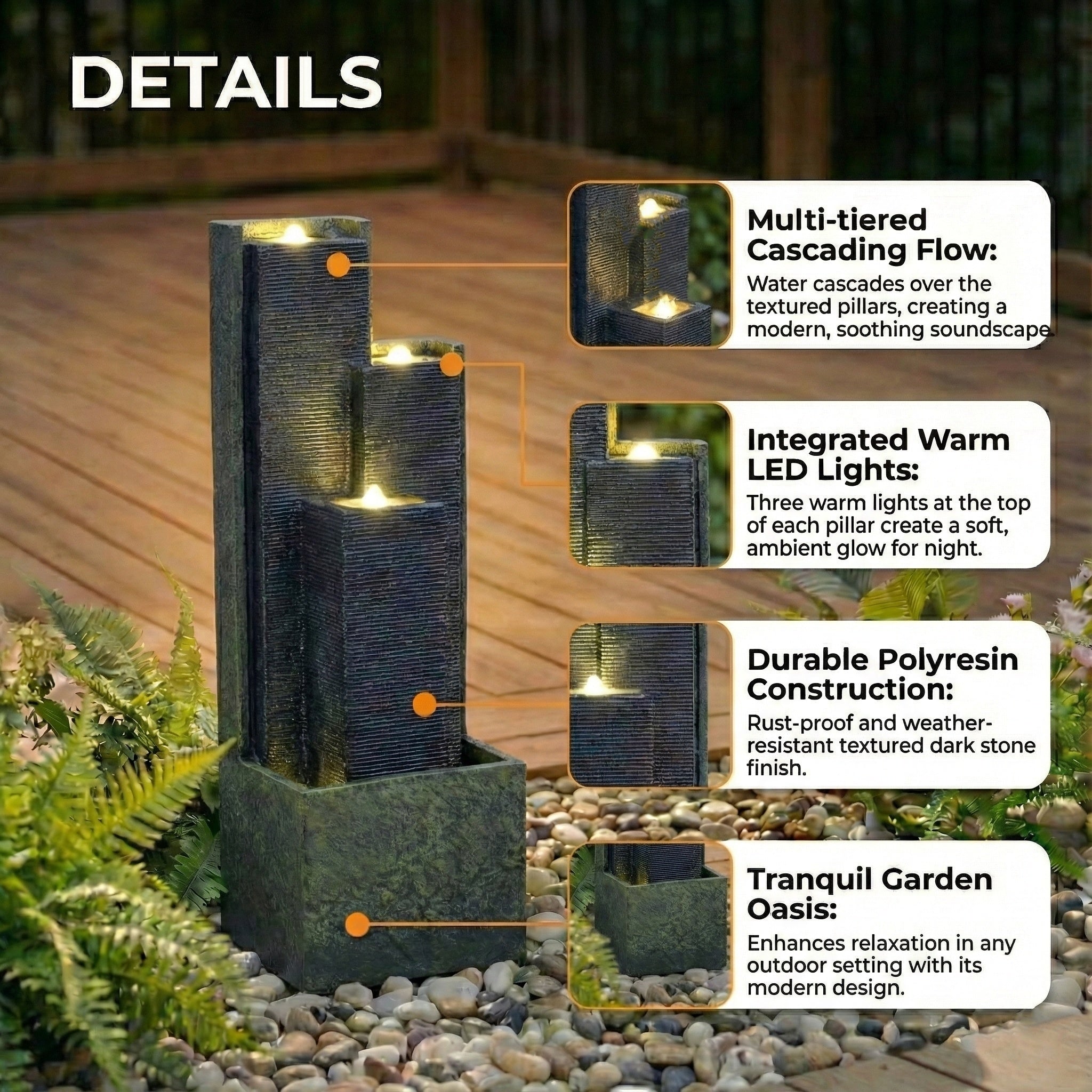 Resin Slate Water Wall Fountain 3 Column Top Lit LED lit at night