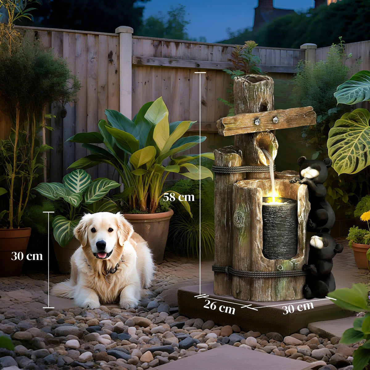 Resin Bear Fountain Two Cubs on Timber Post LED lit at night