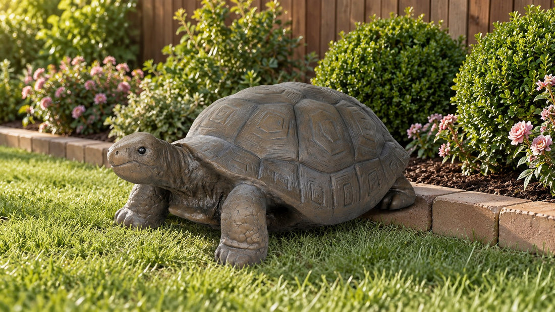Long cast concrete tortoise statue stepping from a border onto a lawn at brick edging