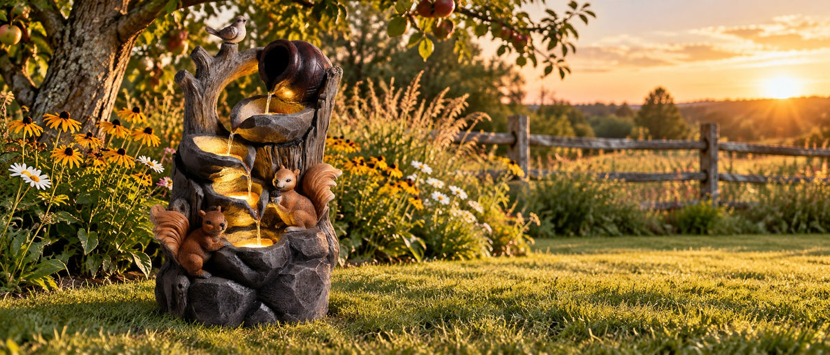 Tree stump fountain with squirrels and a pouring jar on a mown lawn at sunset, rail fence and apple tree behind