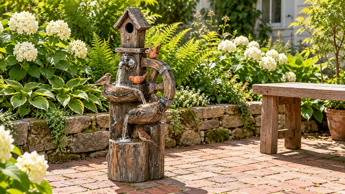 Birdhouse fountain on a weathered stump with a cast iron tap and a wagon wheel, birds perched on the basins