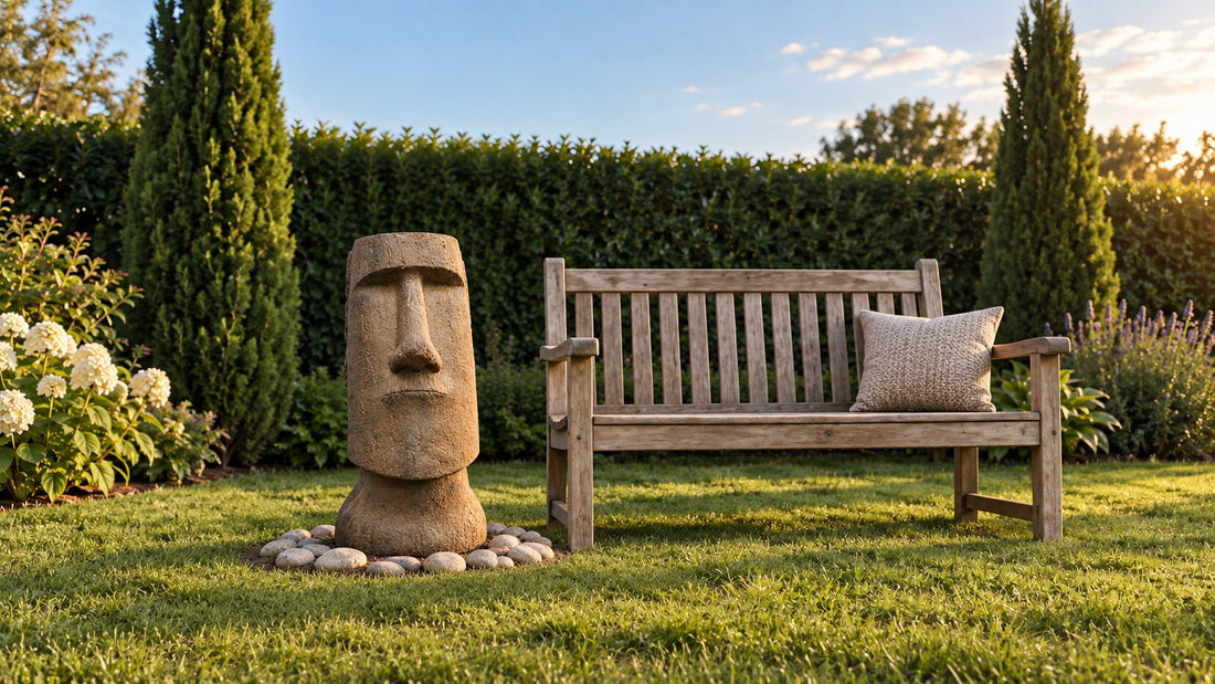 Cast concrete Moai head on a lawn in a ring of stones beside a weathered teak bench