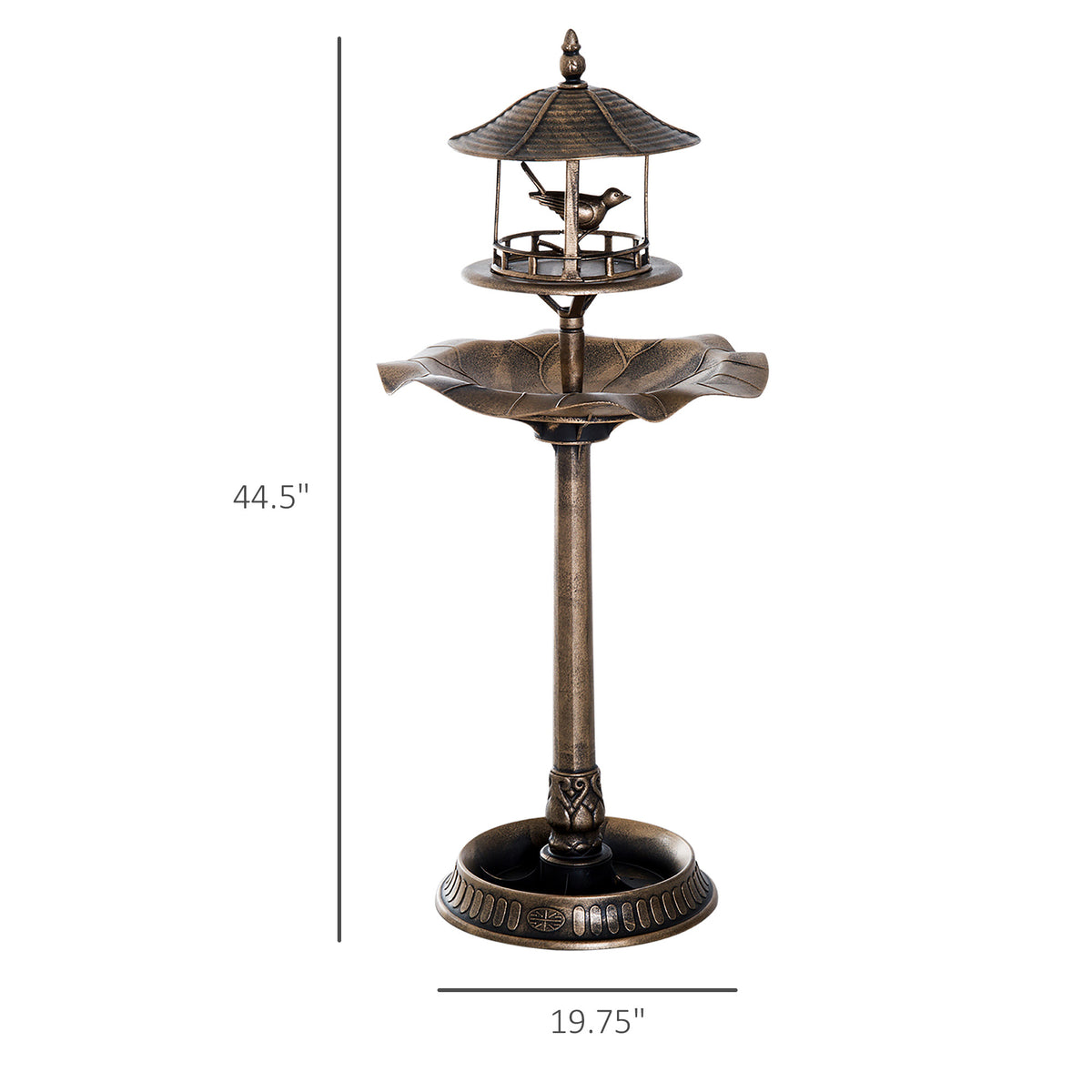 Birdhouse 3-in-1 bird bath dimension diagram showing 44.5 inch overall height, including the roofed feeder
