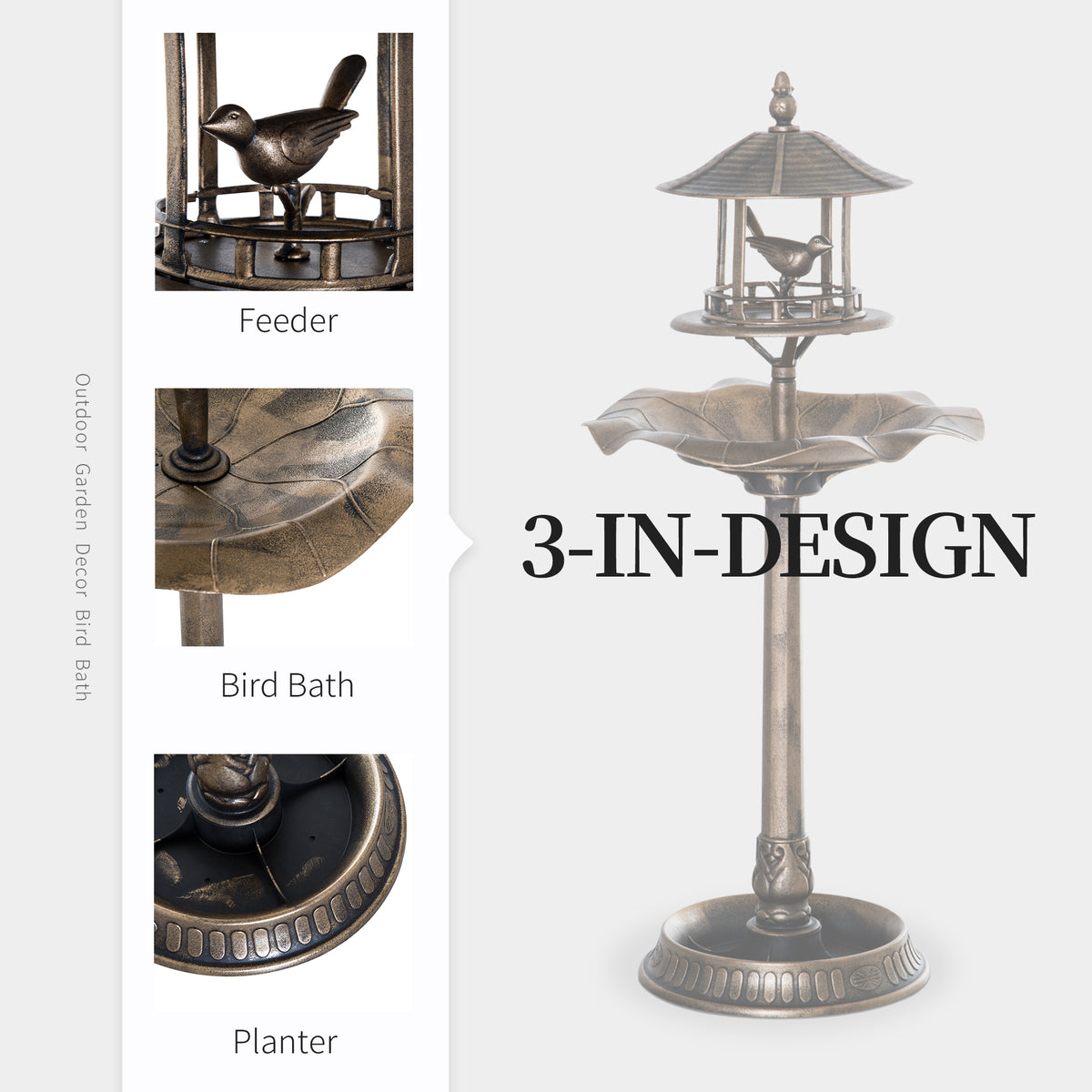 3-in-1 design of bird bath with feeder and flower planter functions