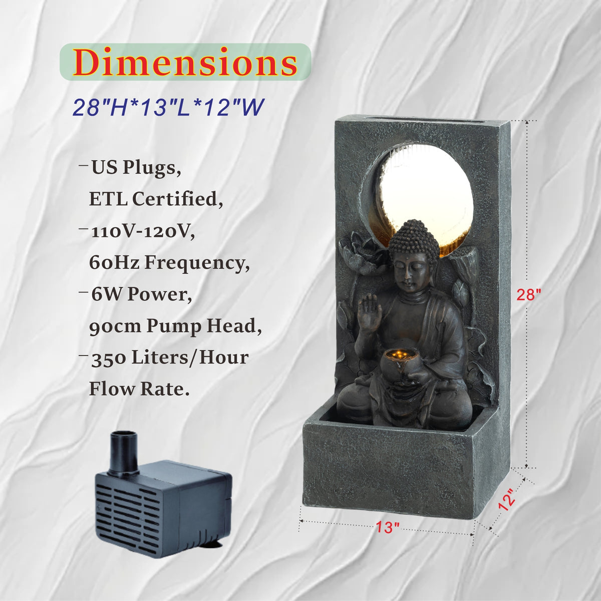 Resin Buddha Wall Panel Outdoor Fountain 28 Inch close up of water flow