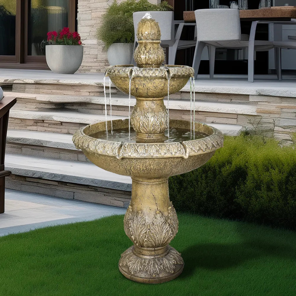 47.2-inch Italian 2-tier floor fountain with lotus top in a garden