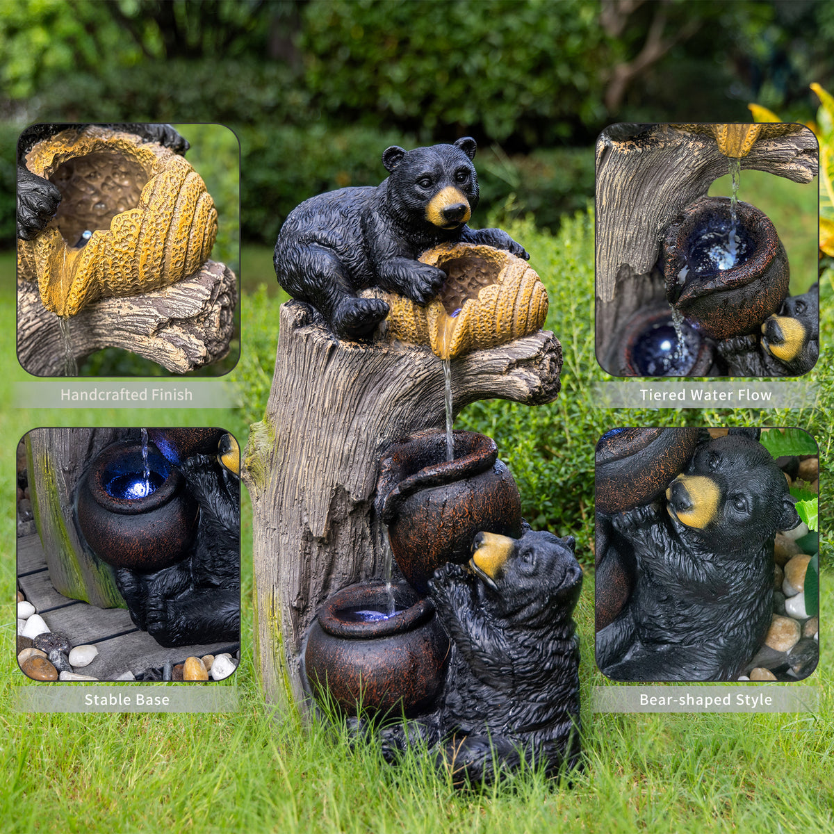 Resin Black Bear Outdoor Water Fountain with LED Lights product view