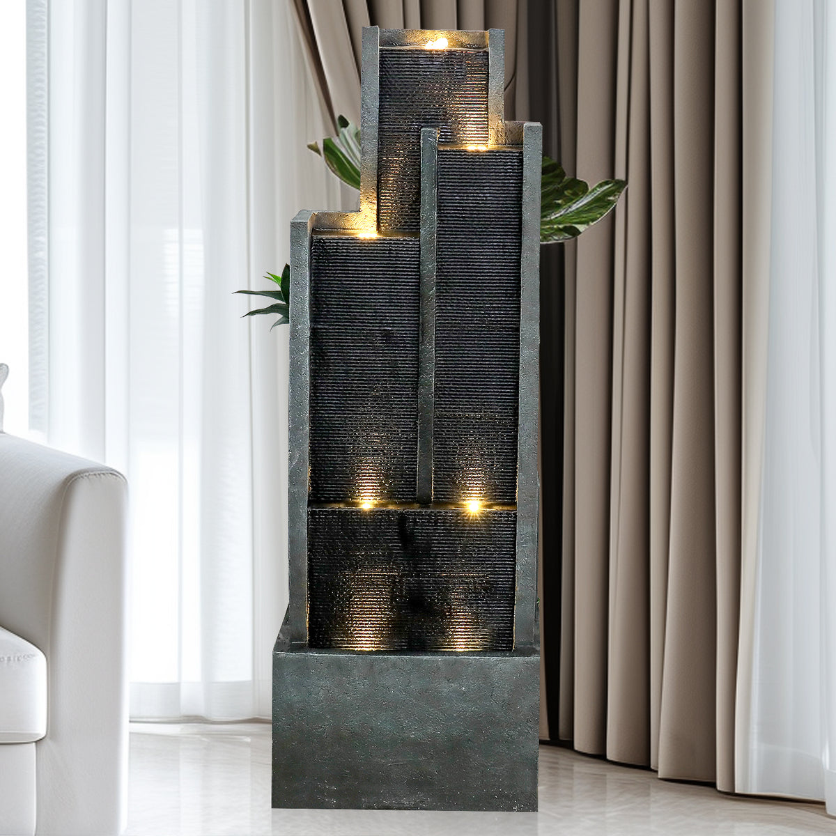 Resin Ribbed Slate Outdoor Water Fountain Quiet 50 in LED lit at night
