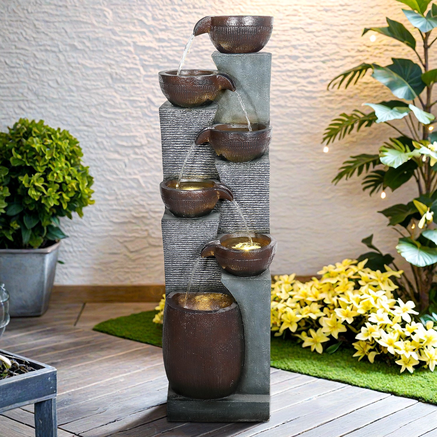 Resin 6 Tier Outdoor Water Fountain Pottery Bowls 53 in dimensions and size