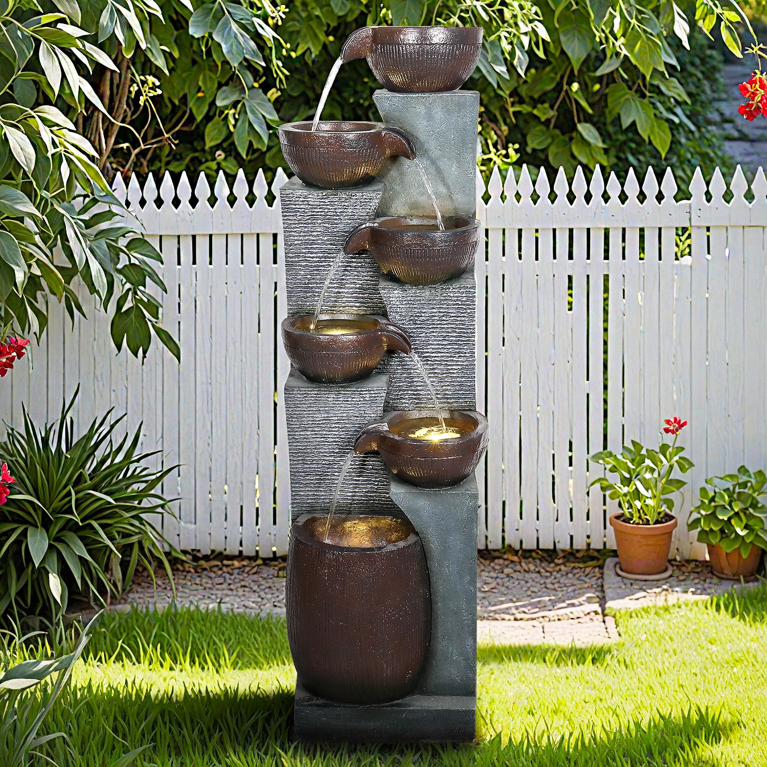 Resin 6 Tier Outdoor Water Fountain Pottery Bowls 53 in in garden setting