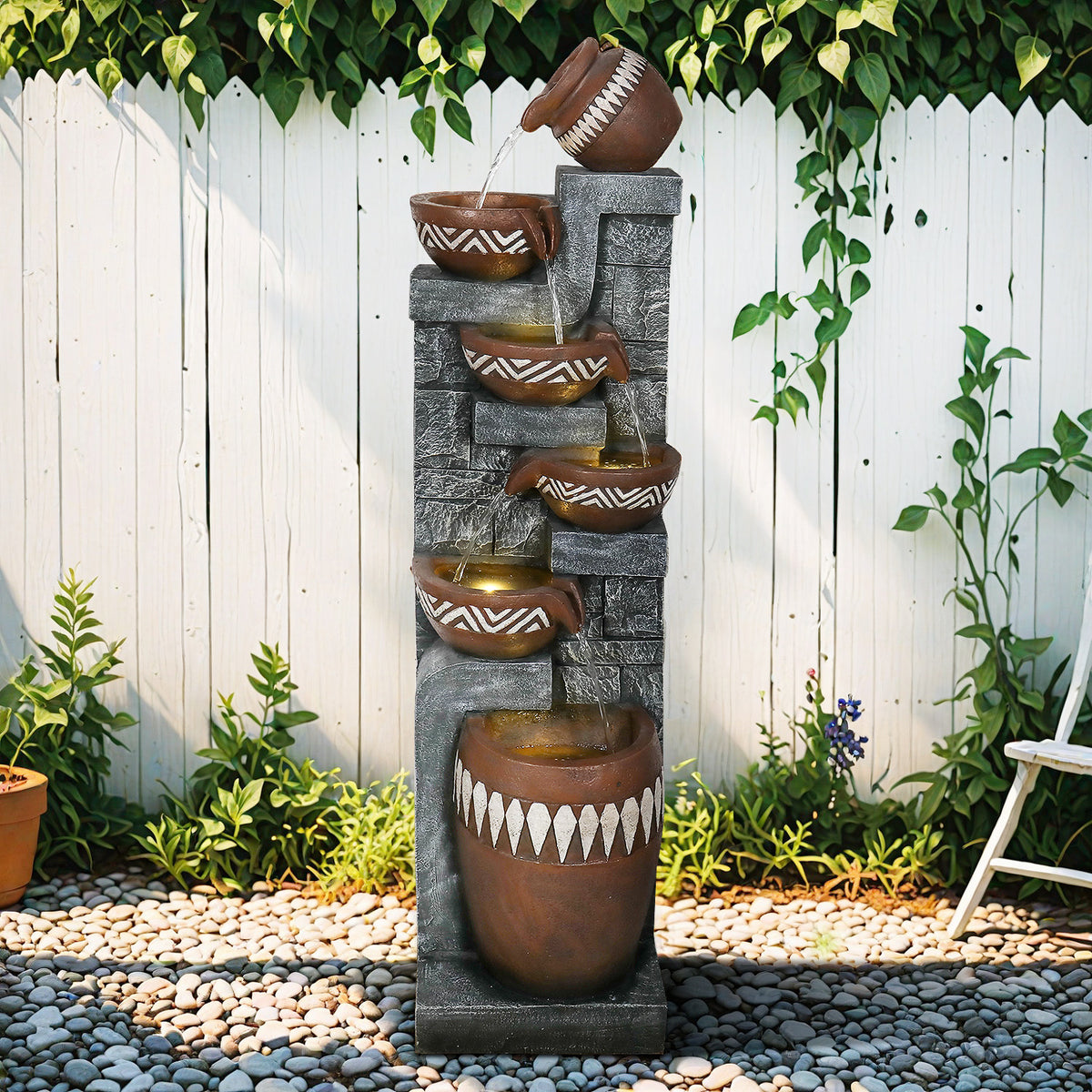 Resin Bohemian 6 Tier Tall Outdoor Water Fountain LED lit at night