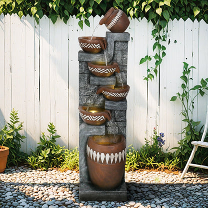 Resin Bohemian 6 Tier Tall Outdoor Water Fountain LED lit at night