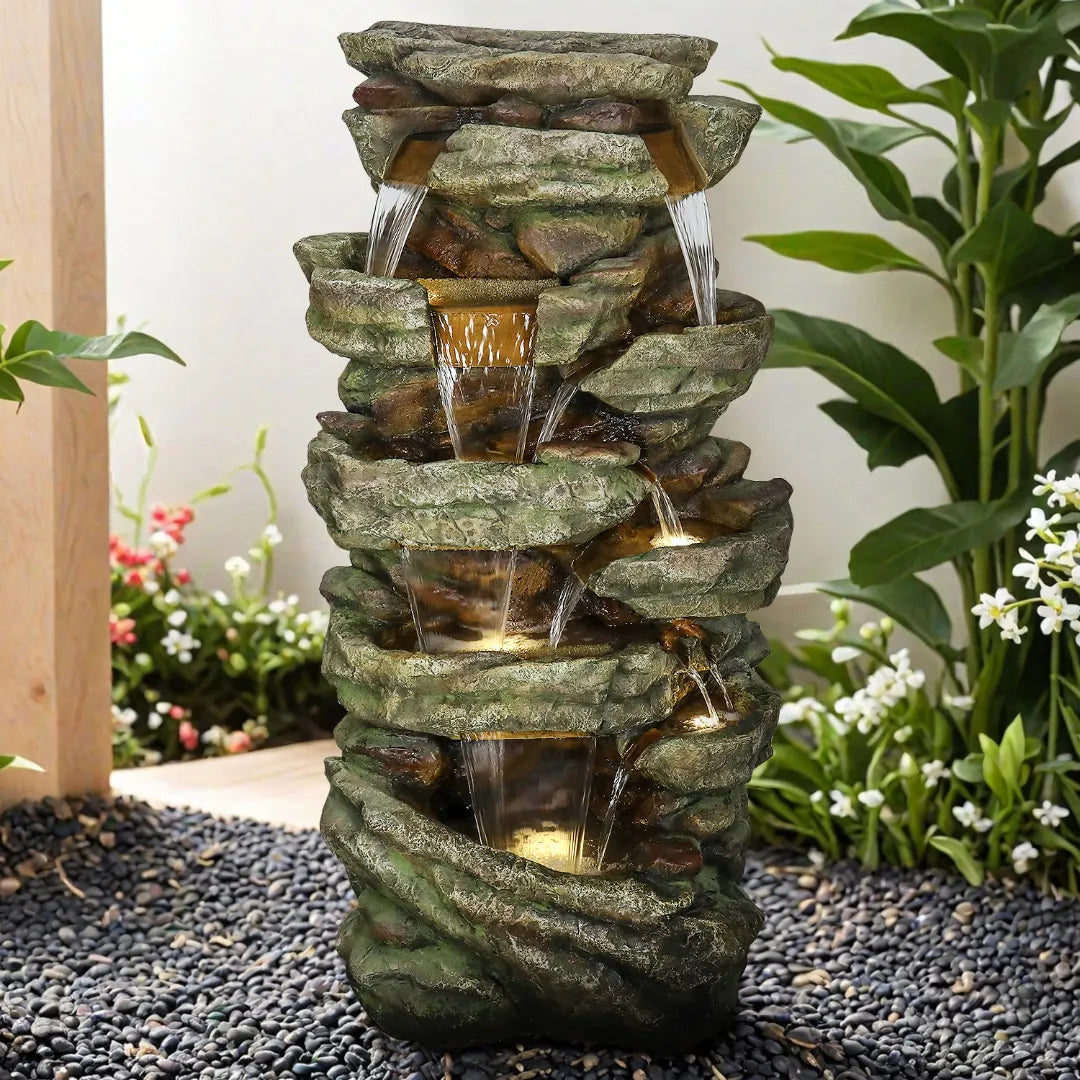 Resin Stacked Stone Rock Waterfall Outdoor Fountain