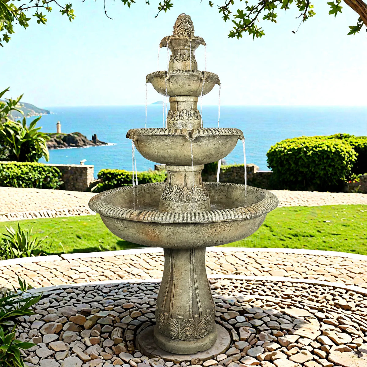 Concrete Heritage 3 Tier Outdoor Water Fountain 63 in. LED lit at night