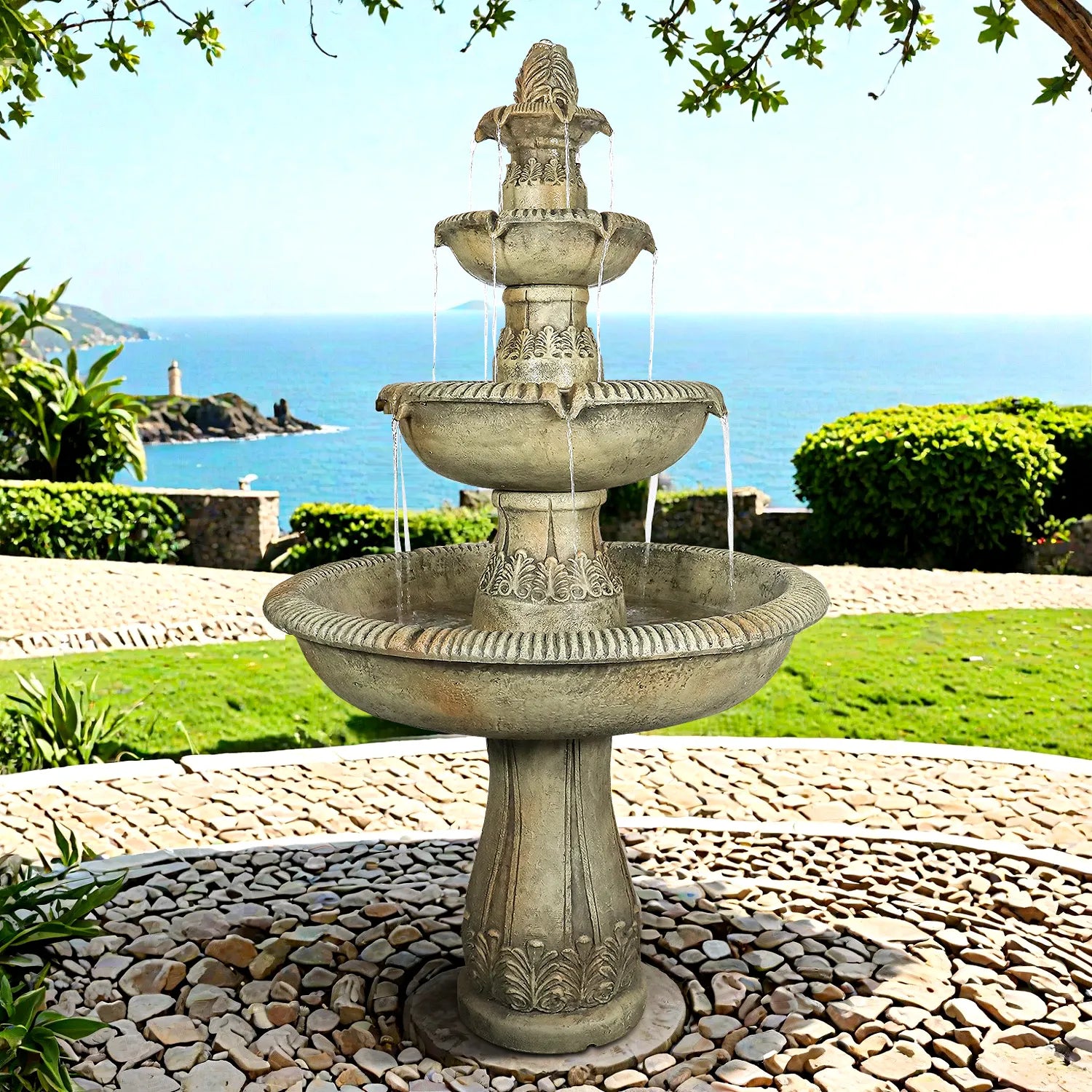 Concrete Heritage 3 Tier Outdoor Water Fountain 63 in. LED lit at night