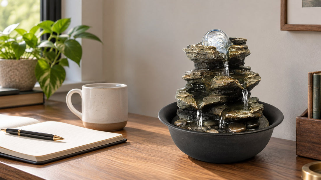 Small rock tabletop fountain with a clear glass orb beside a coffee mug and open notebook on a sunlit wooden desk