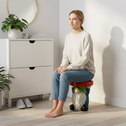 Adult woman sitting comfortably on the versatile gnome mushroom side table stool in a modern living room.