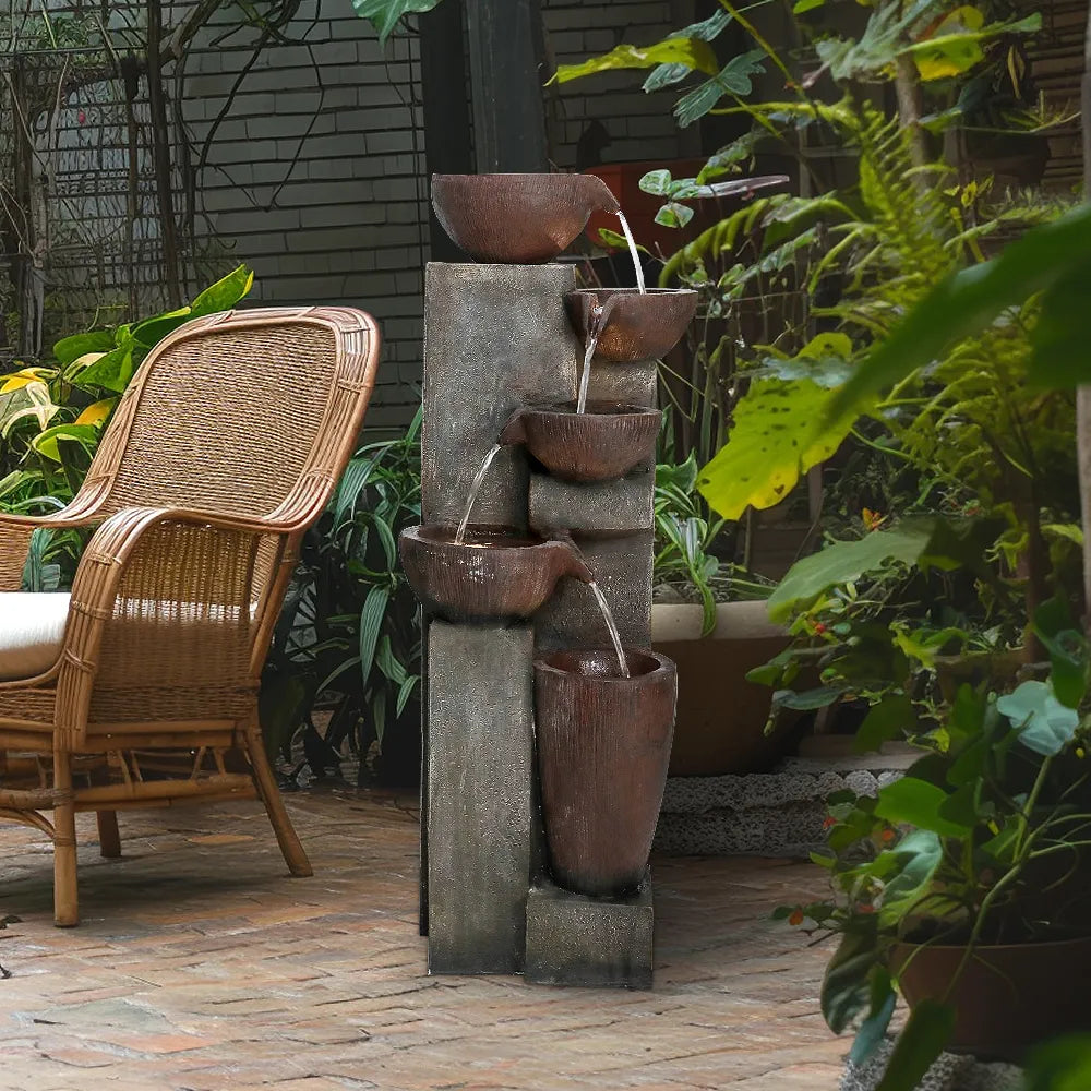 Resin Diagonal Cascading Floor Fountain Outdoor 40 in in garden setting