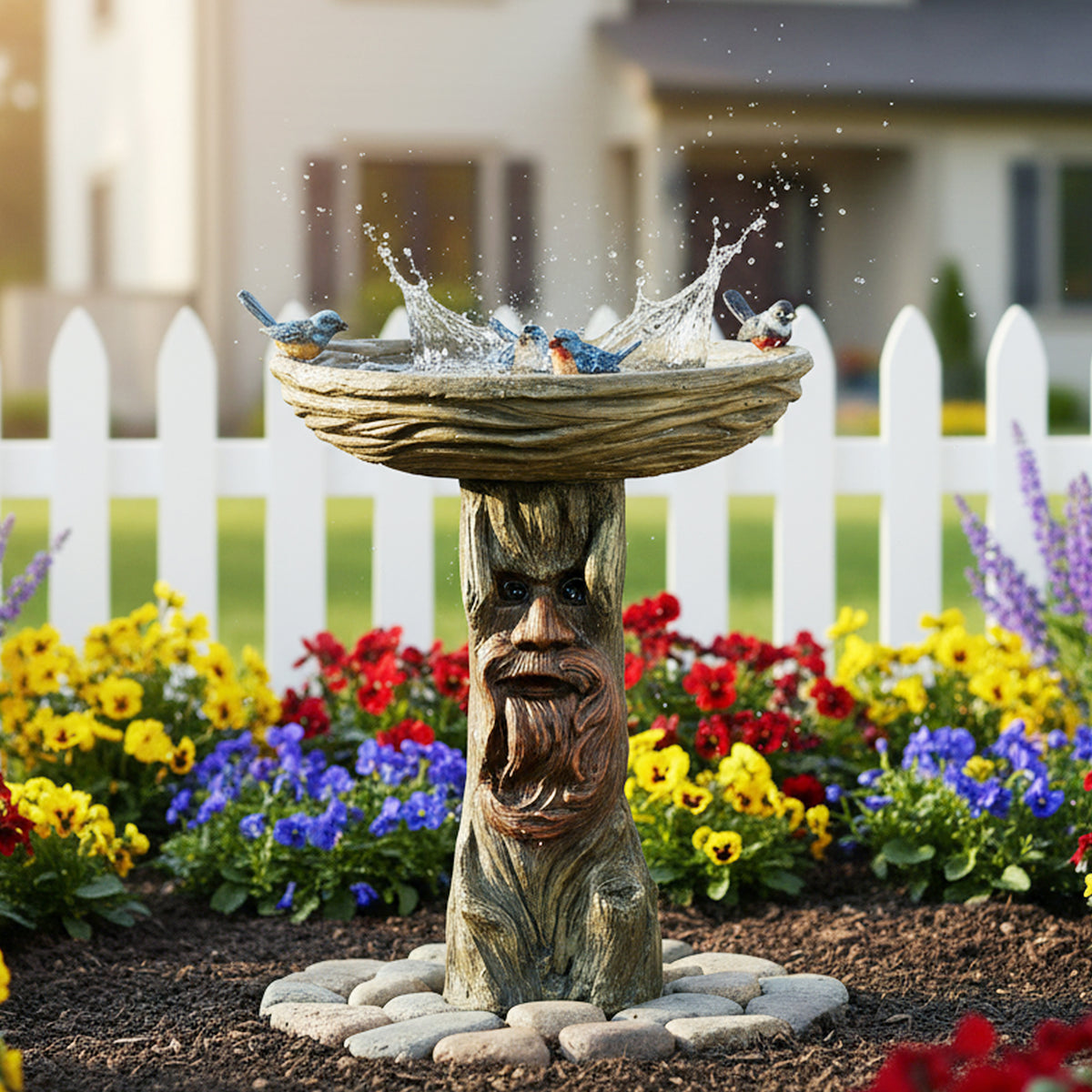 Classic old man tree face concrete birdbath placed by a white picket fence in a peaceful sunny yard.
