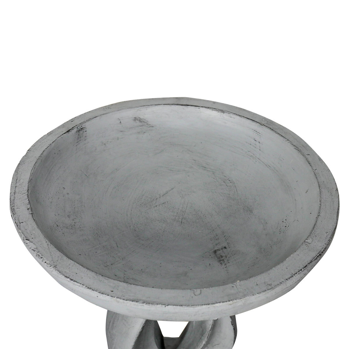 Close-up of the round basin and smooth gray water-based painted finish on the Twin Cutout concrete bird bath.