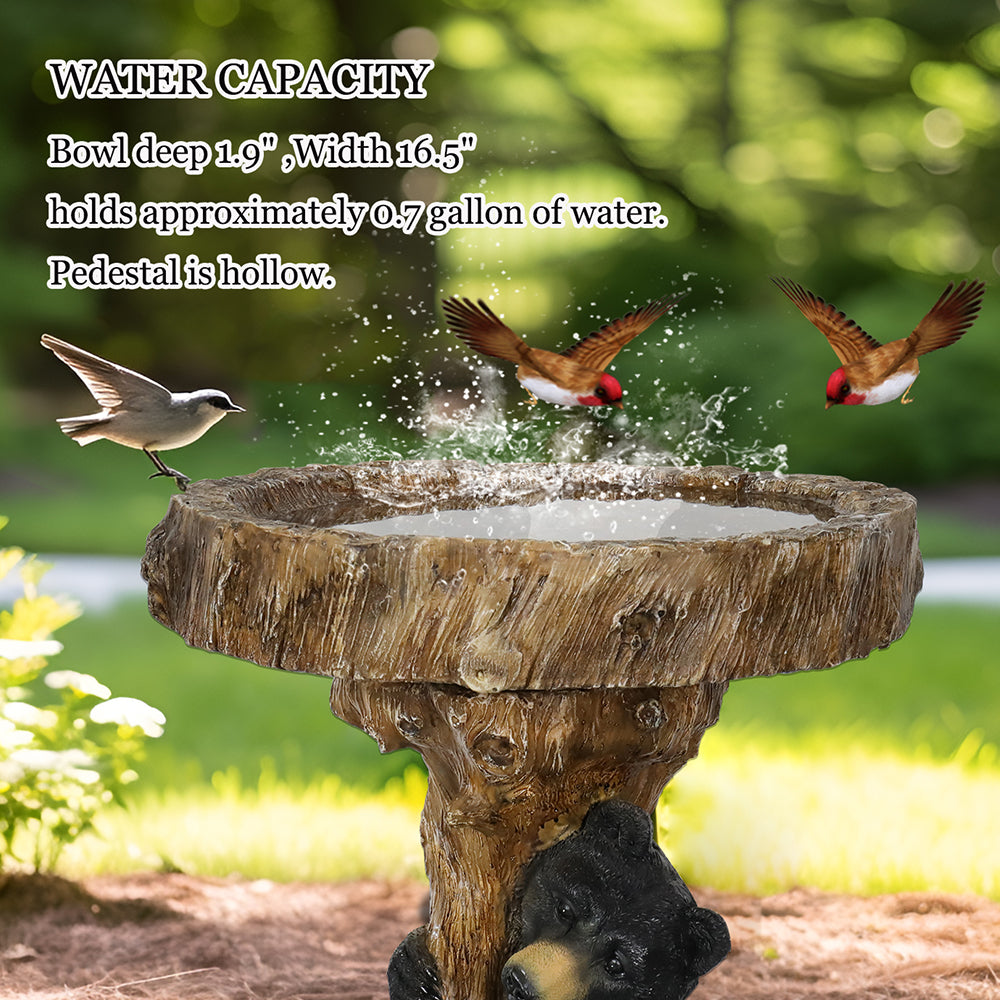 Black bear bird bath basin: 16.5 in. outer width, 1.9 in. depth and approximately 0.7 gallon capacity