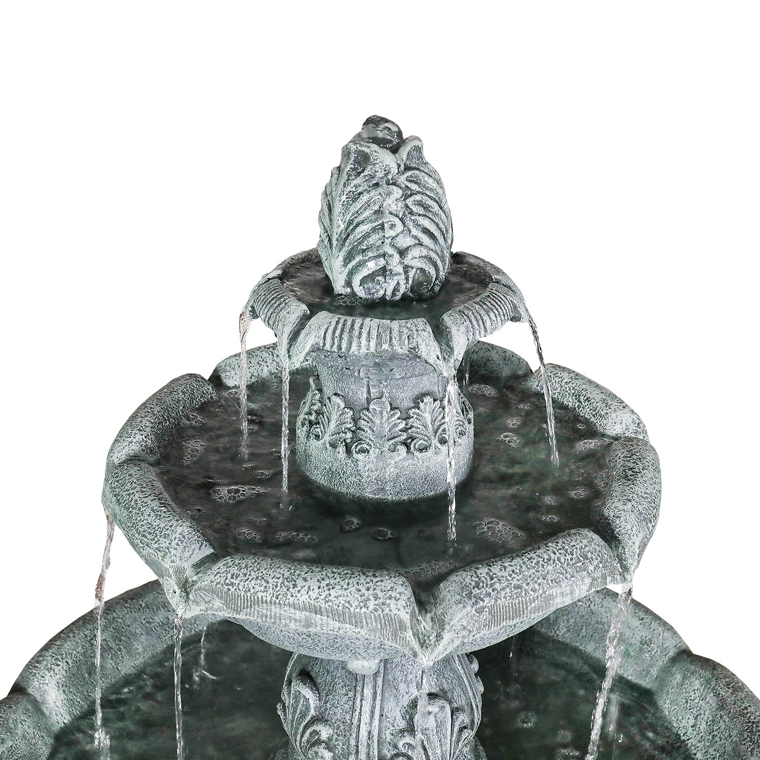 Concrete Pedestal Fountain Ornate 3 Tier Outdoor close up of water flow